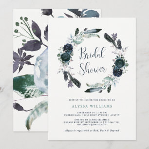 Boho Navy Peony Floral Wreath Bridal Shower Invitation