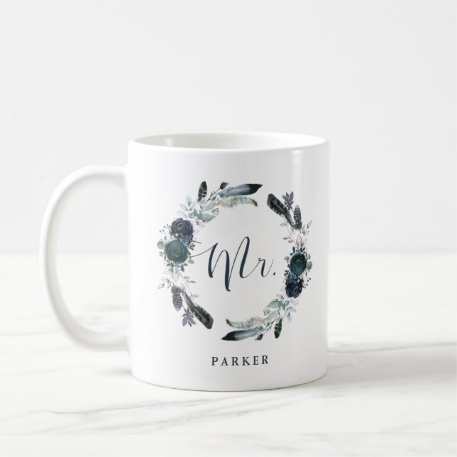 Boho Navy Peony Floral Wreath | Mr Coffee Mug (Left)