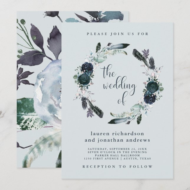 Boho Navy Peony Floral Wreath on Grey | Wedding Invitation (Front/Back)