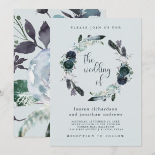Boho Navy Peony Floral Wreath on Grey   Wedding Invitation