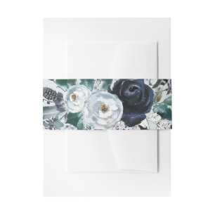 Boho Navy Peony Floral Wreath on Grey Wedding Invitation Belly Band