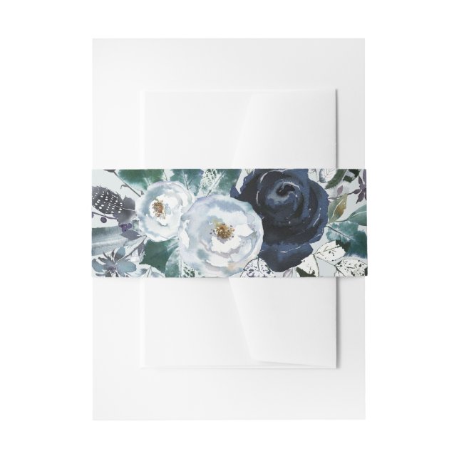 Boho Navy Peony Floral Wreath on Grey | Wedding Invitation Belly Band (Front Example)
