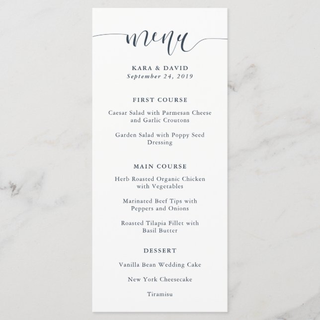 Boho Navy Peony | Modern Calligraphy Wedding Menu (Front)