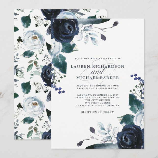 Boho Navy Peony on White | Wedding Invitation (Front/Back)