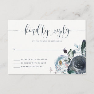 Boho Navy Peony RSVP Modern Calligraphy Card