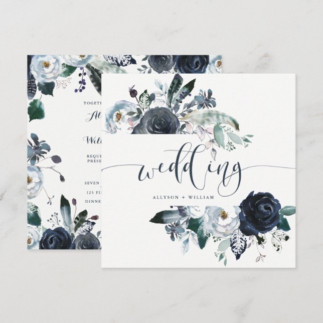 Boho Navy Peony Wedding | Modern Calligraphy Invitation (Front/Back)