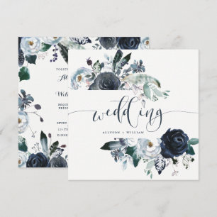 Boho Navy Peony Wedding   Modern Calligraphy Invitation