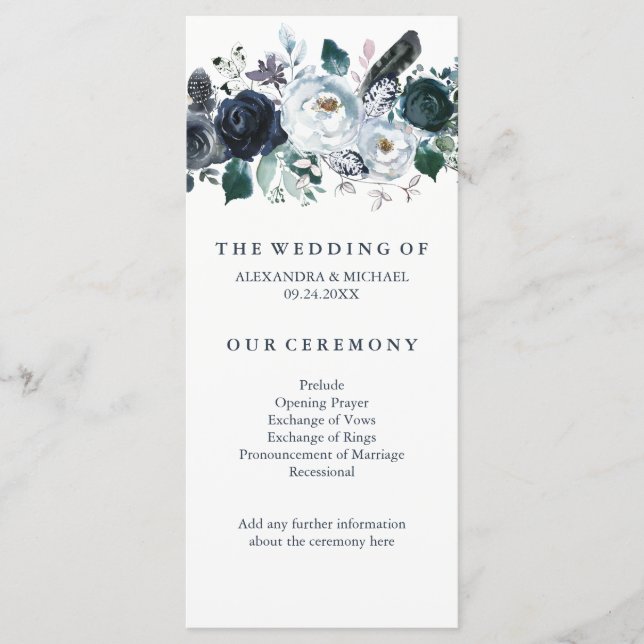 Boho Navy Peony | Wedding Program Programme (Front)