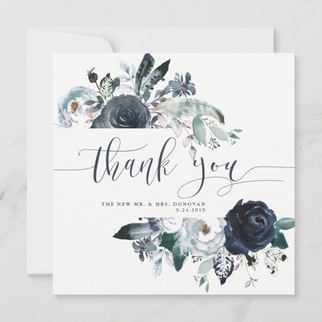 Boho Navy Peony Wedding Thank You | Photo Card (Front)