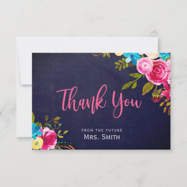 Boho Navy Pink Floral Bridal Shower Thank You Card (Front)