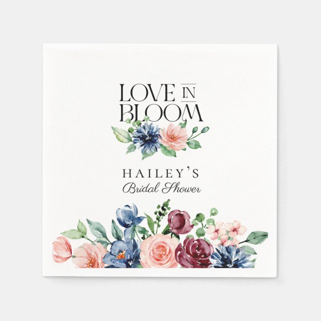 Boho Navy Pink Floral Love in Bloom Bridal Shower Napkin (Front)