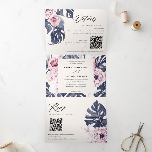 Boho Navy Pink Monstera Floral 2 QR Code Wedding Tri-Fold Invitation (Inside)