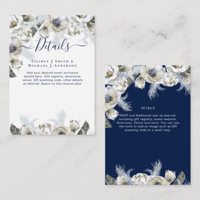 BOHO Navy White Floral Pampas Grass Wedding Enclosure Card (Front/Back)