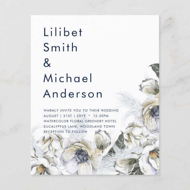 BOHO Navy White Floral Pampas Grass Wedding Flyer (Front)