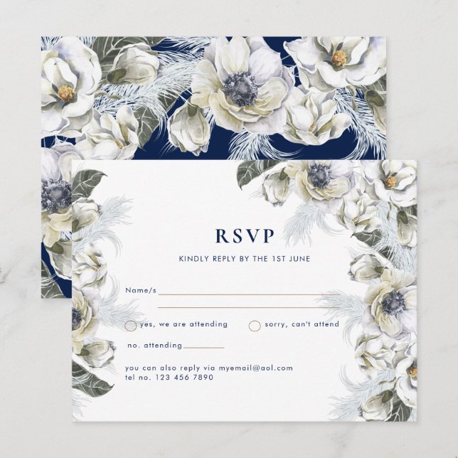 BOHO Navy White Floral Pampas Grass Wedding Postcard (Front/Back)