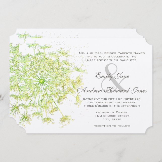 Boho Neo Mint Green Queen Anne's Lace Wedding Invitation (Front/Back)