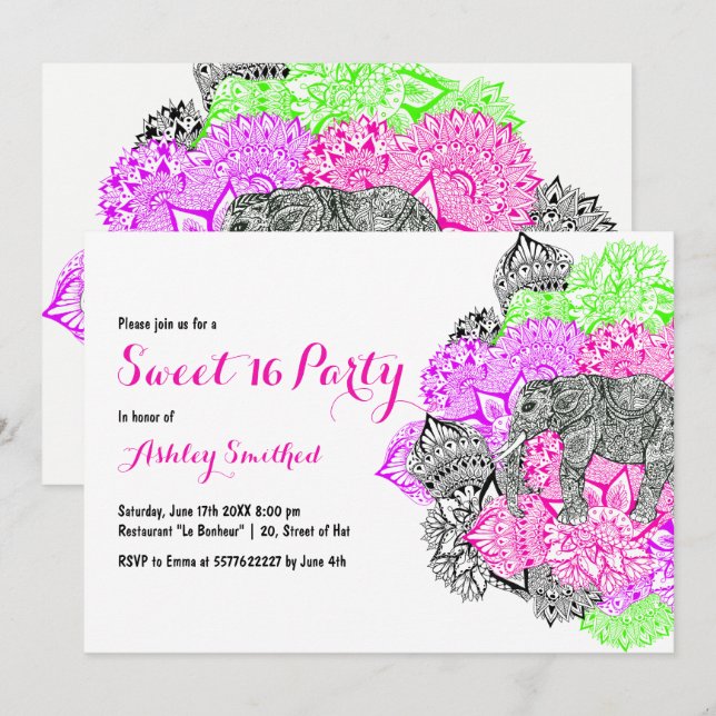 Boho neon pink floral mandala elephant Sweet 16 Invitation (Front/Back)