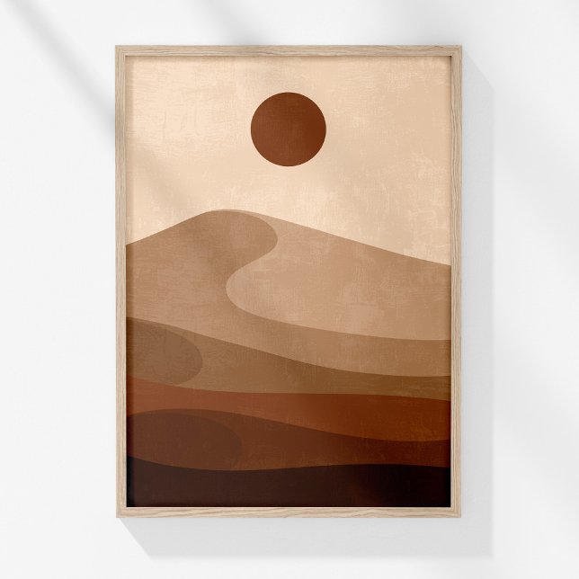 Boho Neutral Abstract Landscape Desert Wall Art (Boho Neutral Abstract Landscape Desert Wall Art in a wooden frame on a sunny white wall.)