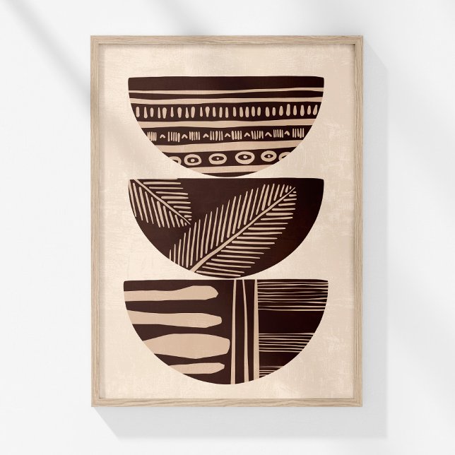 Boho Neutral Abstract Tribal Bowls Wall Art (Boho Neutral Abstract Tribal Bowls Wall Art in a wooden frame on a sunny white wall.)
