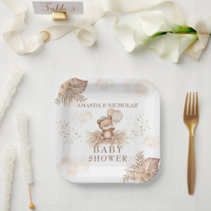 Boho Neutral Baby Shower Teddy bear Paper Plate