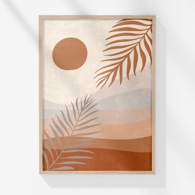 Boho Neutral Botanical Landscape Wall Art Poster (Boho Neutral Abstract Landscape Botanical Wall Art in a wooden frame on a sunny white wall.)