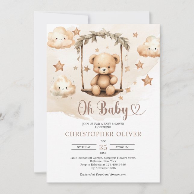 Boho neutral brown teddy bear on eucalyptus swing invitation (Front)