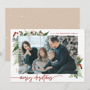Boho Neutral Burgundy Red Merry Christmas Photo Holiday Card