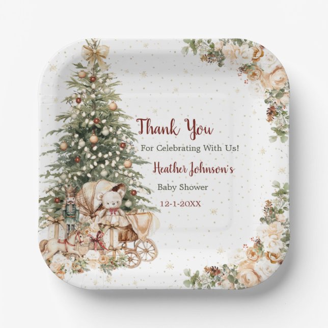 Boho Neutral Christmas Baby Shower Paper Plate (Front)