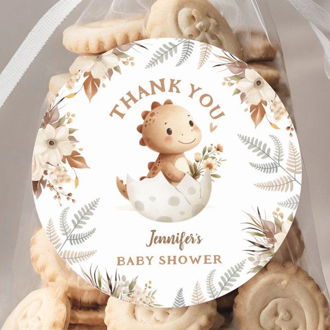 Boho Neutral Cute Dinosaur Baby Shower Classic Round Sticker (Creator Uploaded)