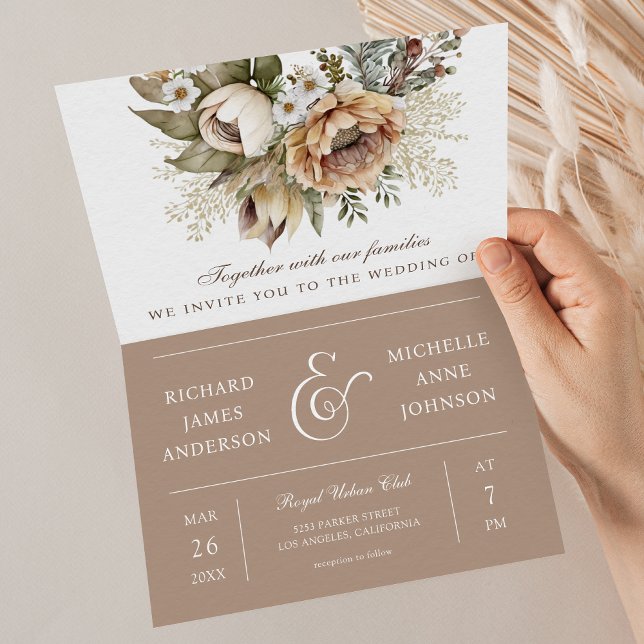 Boho Neutral Earthy Floral Taupe QR Code Wedding Invitation (Creator Uploaded)