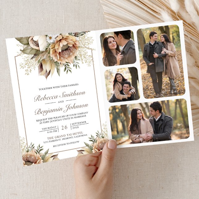 Boho Neutral Earthy Floral Taupe QR Code Wedding Invitation (Creator Uploaded)