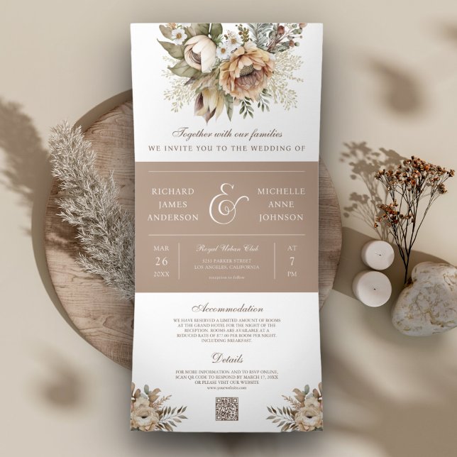Boho Neutral Earthy Floral Taupe QR Code Wedding Tri-Fold Invitation (Creator Uploaded)