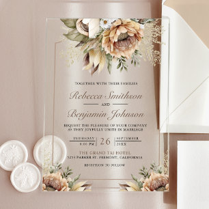 Boho Neutral Earthy Floral Taupe Wedding Acrylic Invitations