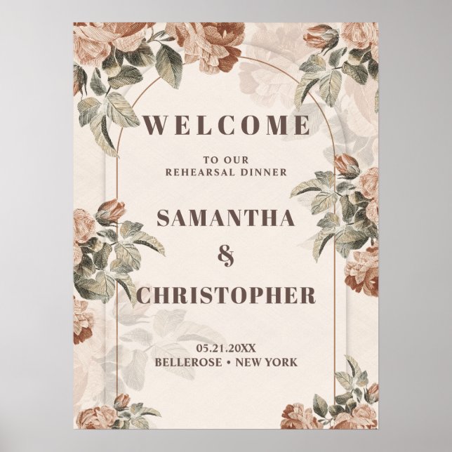 Boho neutral earthy tones roses rehearsal dinner poster (Front)