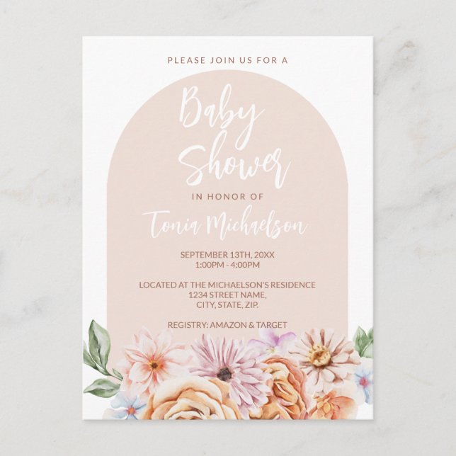 Boho Neutral Floral Baby Shower Postcard (Front)