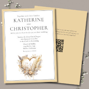 Boho Neutral Floral Feathers Heart Wreath Wedding Invitation