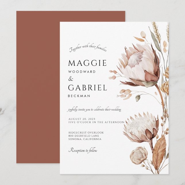 Boho Neutral Floral Wedding Invitation (Front/Back)
