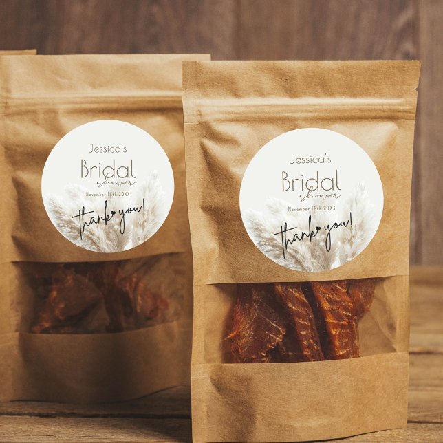 Boho Neutral Fluffy Pampas Grass Bridal Shower Classic Round Sticker (Creator Uploaded)