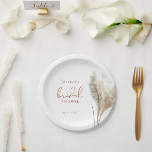 Boho Neutral Fluffy Pampas Grass Bridal Shower Paper Plate
