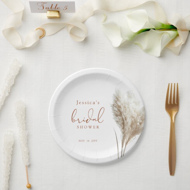Boho Neutral Fluffy Pampas Grass Bridal Shower Paper Plate (Wedding)