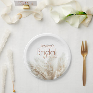 Boho Neutral Fluffy Pampas Grass Bridal Shower Paper Plate