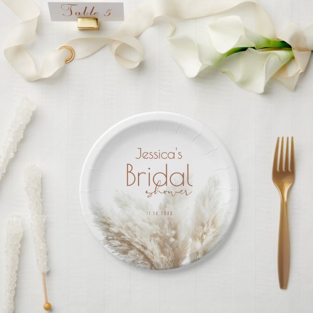 Boho Neutral Fluffy Pampas Grass Bridal Shower Paper Plate (Wedding)