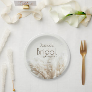 Boho Neutral Fluffy Pampas Grass Bridal Shower Paper Plate