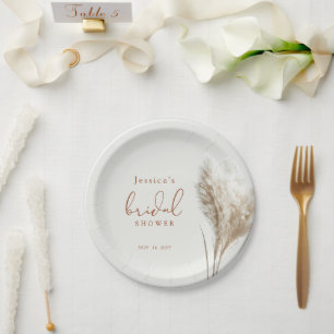 Boho Neutral Fluffy Pampas Grass Bridal Shower Paper Plate