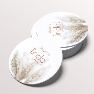 Boho Neutral Fluffy Pampas Grass Bridal Shower Round Paper Coaster