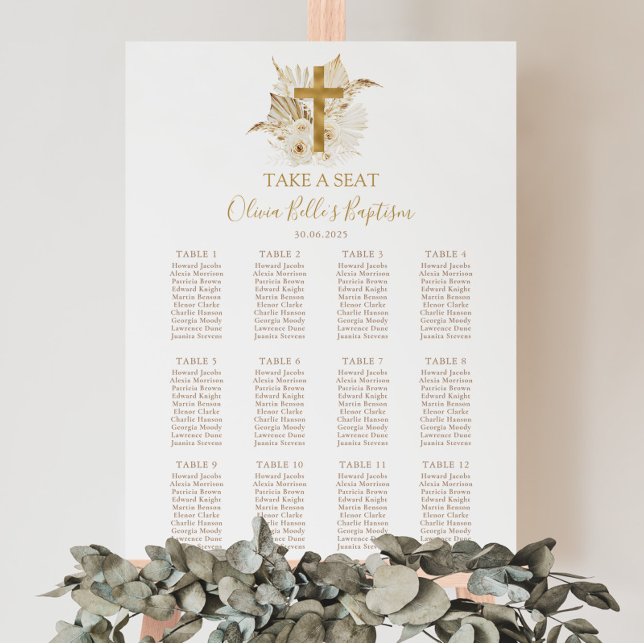 Boho Neutral Gold Baptism Seating Chart Sign (Boho Neutral Baptism Seating Chart | Matching items available)