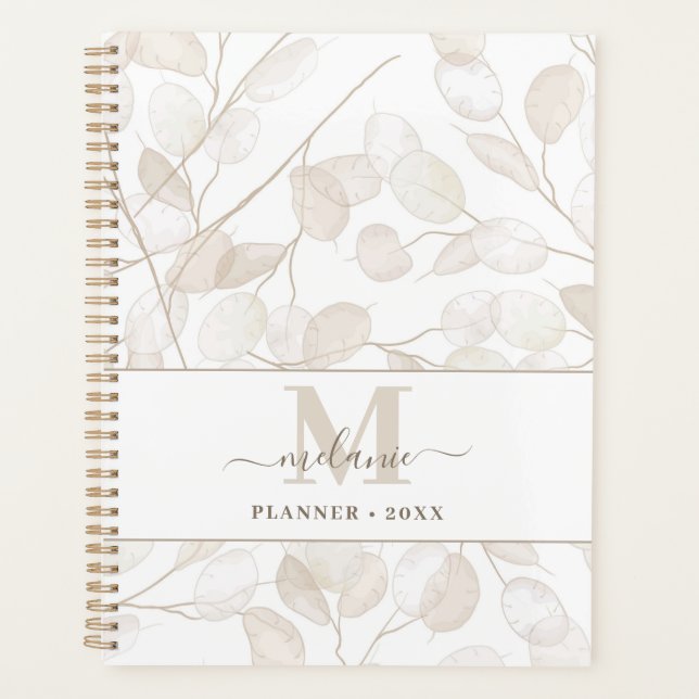 Boho Neutral Lunaria Custom Name Initial Planner (Front)