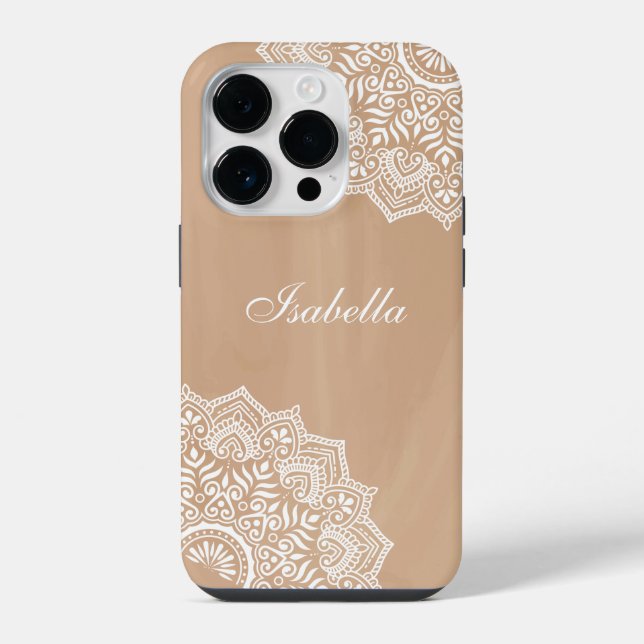 Boho Neutral Mandala Custom Name iPhone Case (Back)