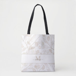 Boho Neutral Money Plant Custom Name Initial Tote Bag