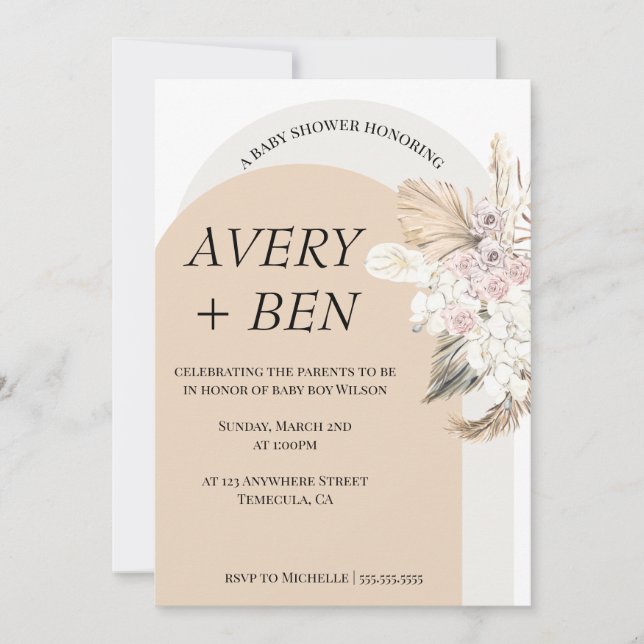 Boho Neutral Pampas Grass Baby Shower Invitation (Front)